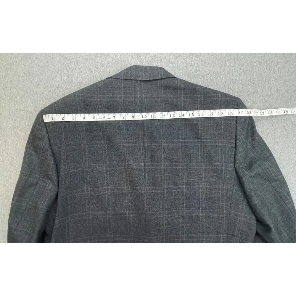 Jos A Bank Blazer Mens 44L Gray Windowpane 100% Wool 2-Button‎ Single Breasted